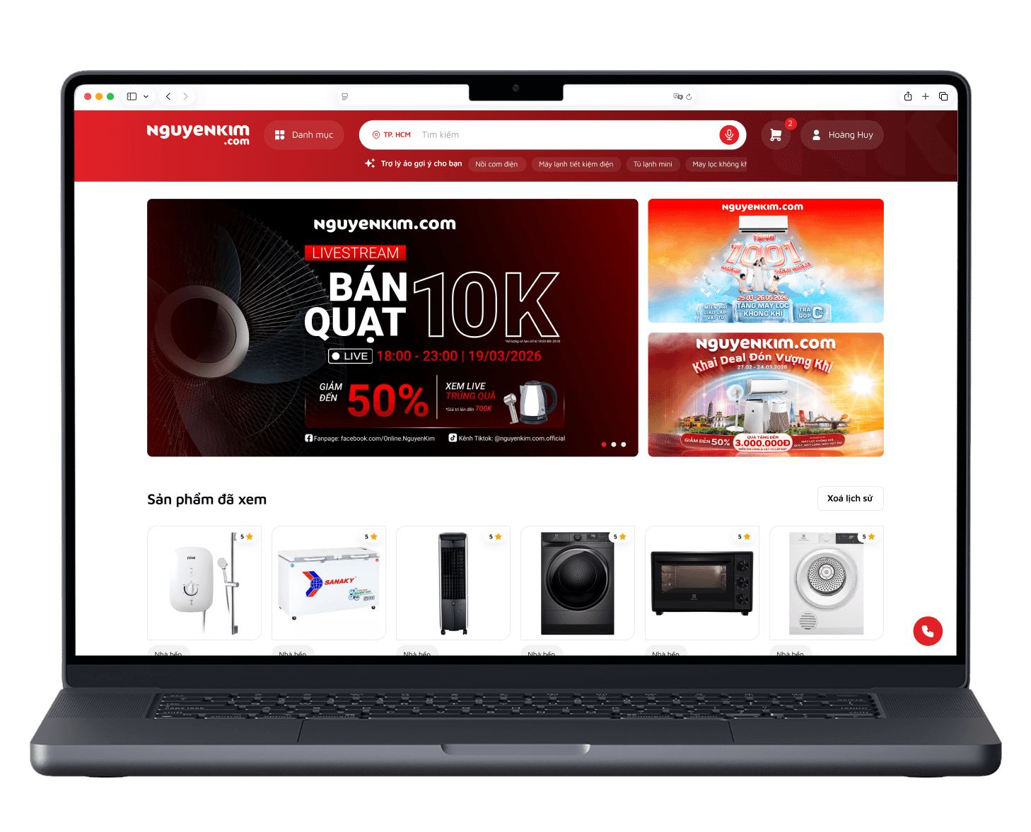 Giao diện thương mại điện tử Nguyễn Kim trên laptop